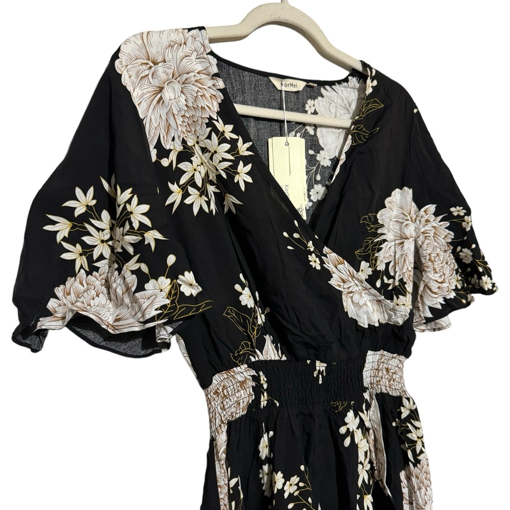 Kor Mei Long Modest Black White Floral Faux Wrap Midi Dress Women’s Size Medium - Picture 2 of 7